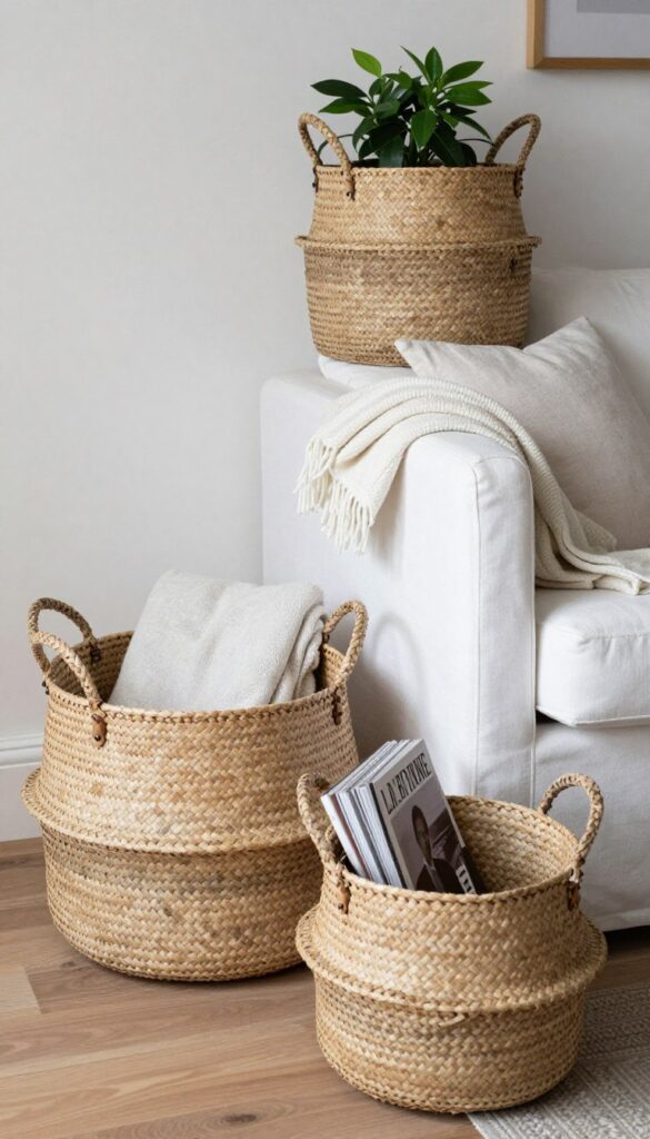 Collection of woven baskets used for storage in a shabby chic living room