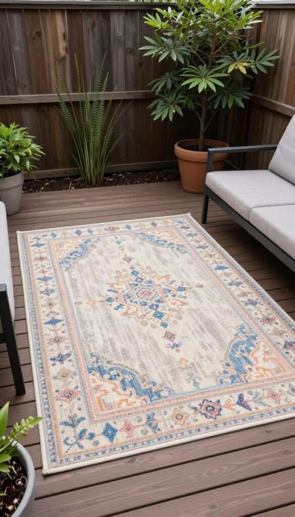 Colorful outdoor rug on a small backyard deck defining a cozy seating area