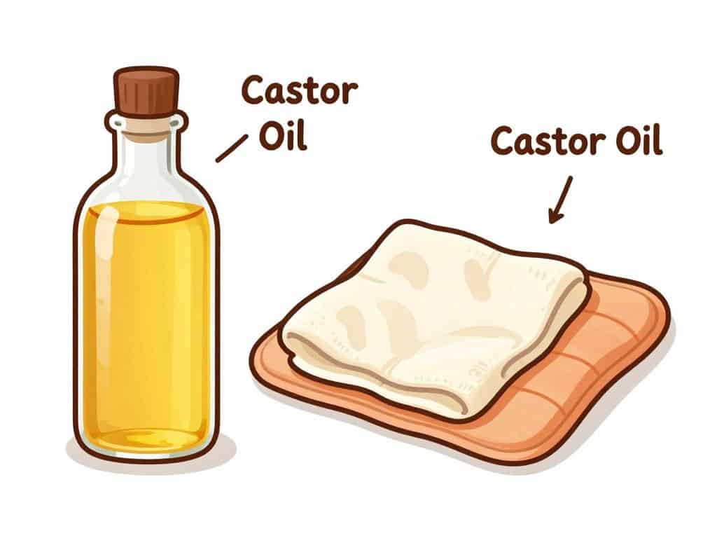 Components of a castor oil pack: bottle of castor oil, cotton cloth, and heating pad