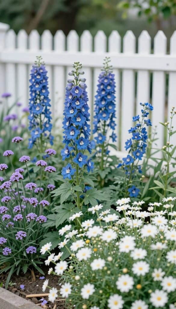 Cottage garden with blue delphiniums, purple verbena and white daisies with white picket fencing
