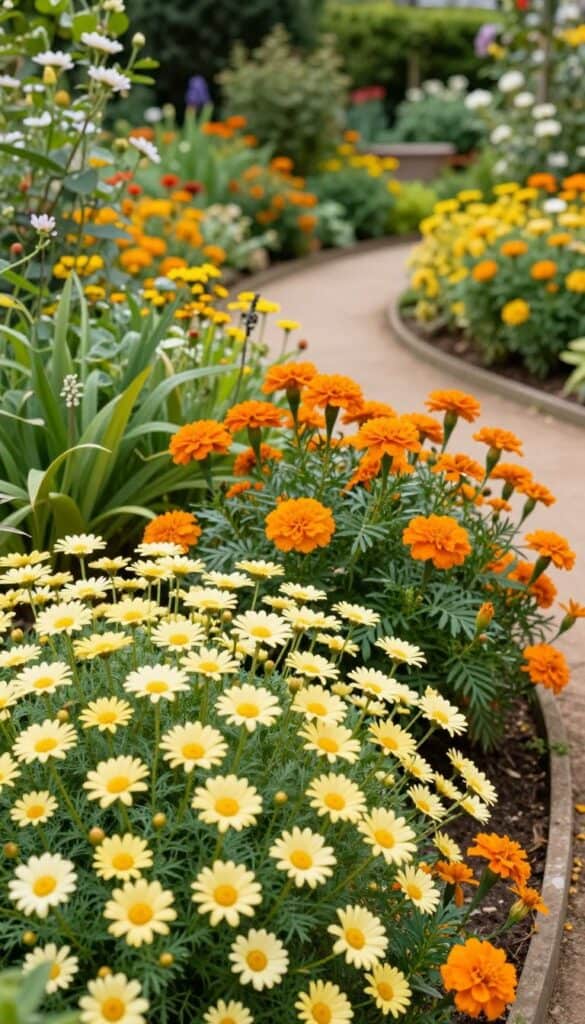 Cottage garden with butter-yellow daisies, soft orange marigolds and golden rudbeckia with a curved path