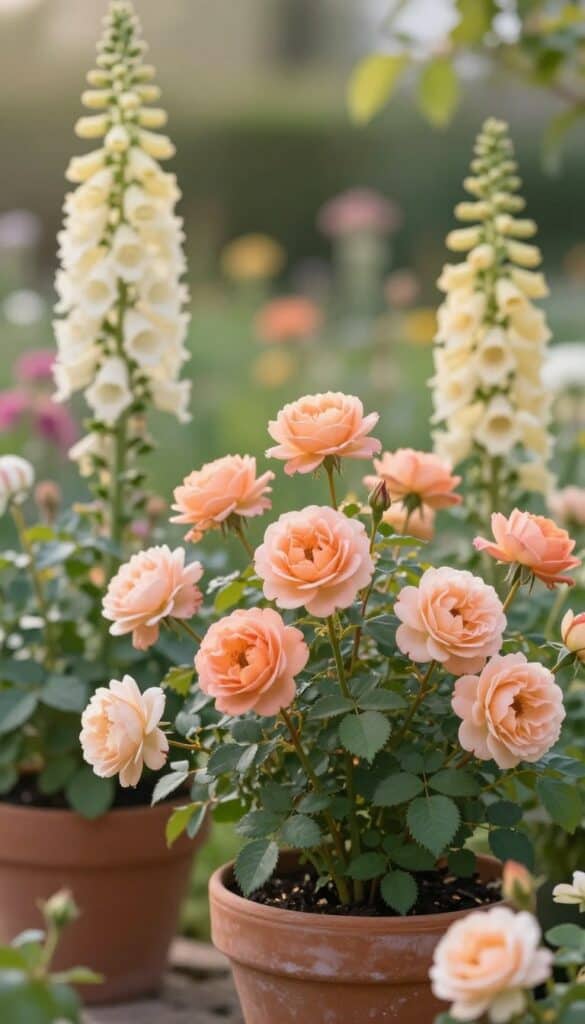 Cottage garden with peach foxgloves, apricot roses and cream blooms in terracotta pots