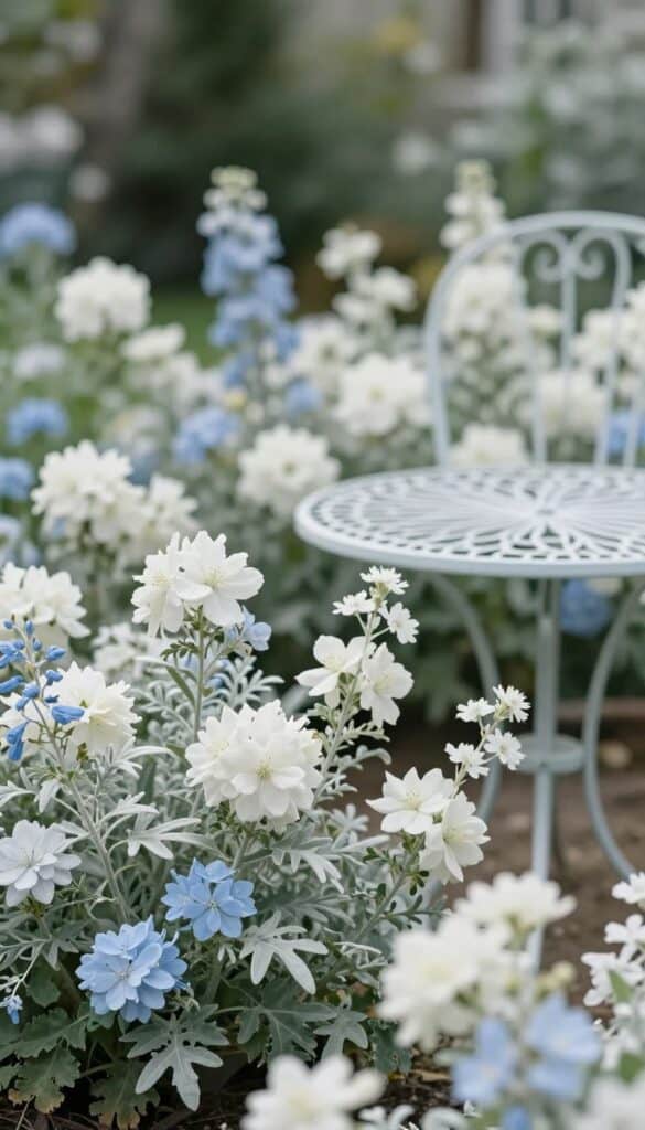 Cottage garden with white blooms, pale blue flowers and silvery foliage with a metal bistro set