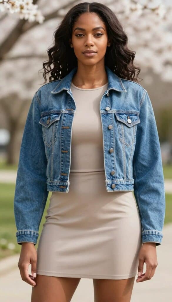 Denim Jacket + Everyday Dress look on a Black woman Denim Jacket + Everyday Dress look on a Black woman
