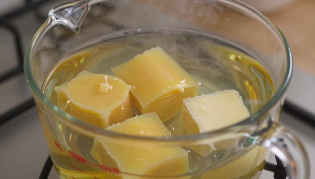 Double boiler setup with melting ingredients for castor oil lip balm