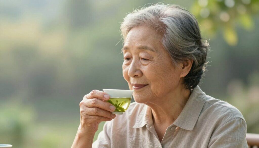 Elderly person enjoying green tea in a peaceful setting, representing longevity benefits