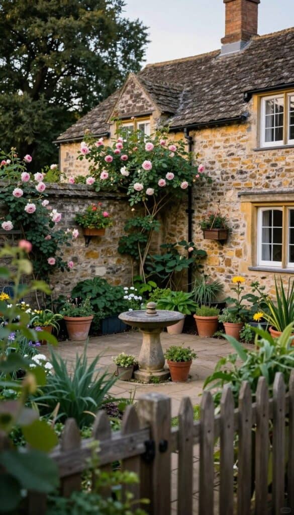 Enclosed English cottage garden with vertical planting and intimate atmosphere