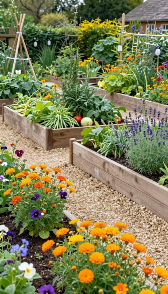 English cottage garden blending ornamental flowers with vegetables and herbs