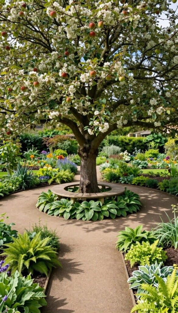 English cottage garden designed around a mature tree as the focal point