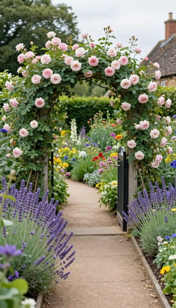 English cottage garden focused around the entrance with welcoming planting