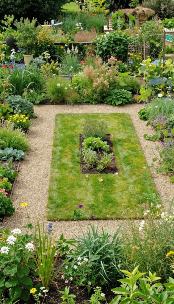 English cottage garden with a structured center and wilder, more natural edges