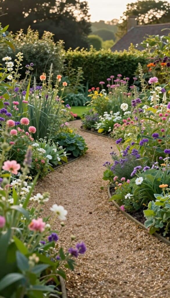 English cottage garden with a winding path that reveals the garden gradually