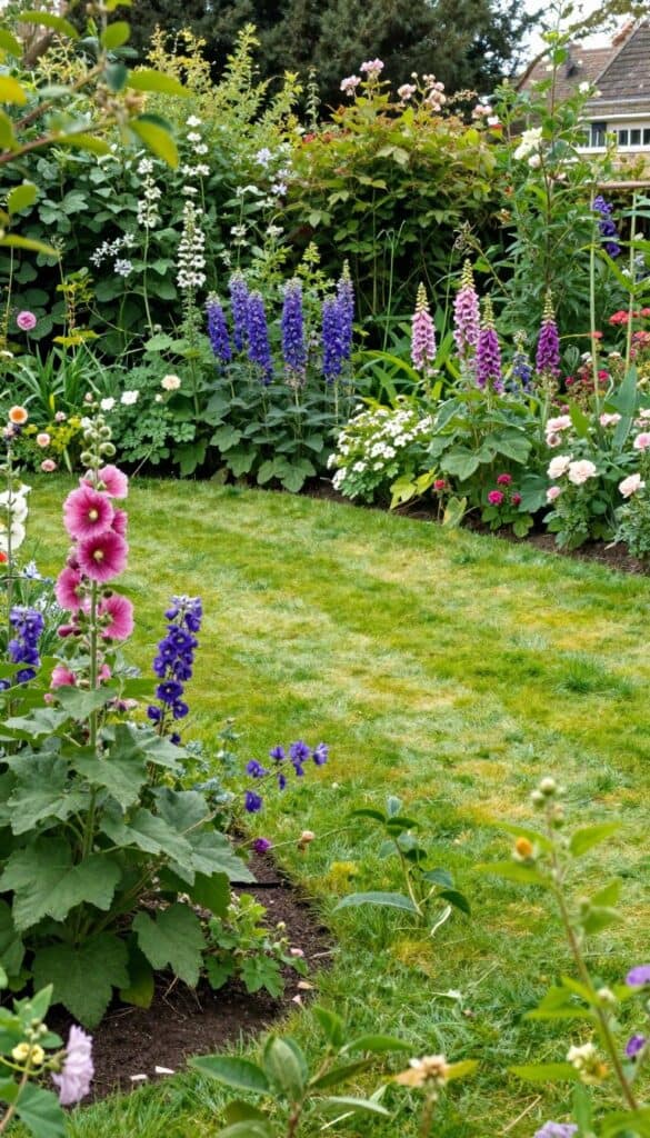 English cottage garden with deep flower borders around the perimeter and an open lawn in the center