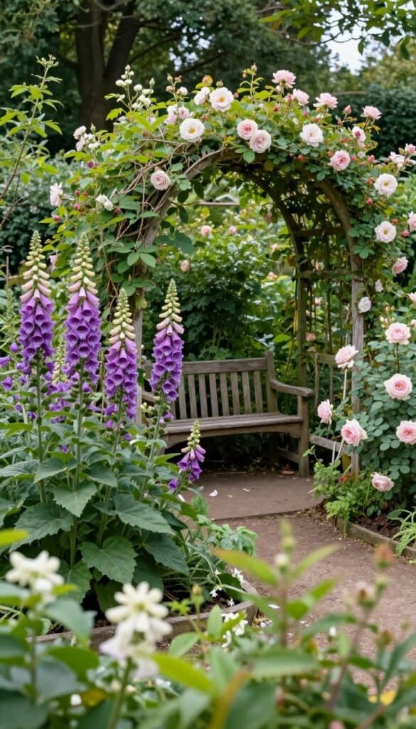 English cottage garden with multiple hidden seating areas among the flowers