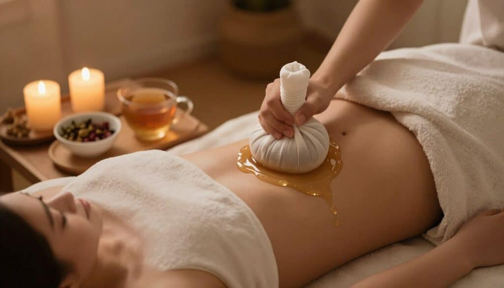 Evening relaxation ritual with castor oil pack and warm lighting