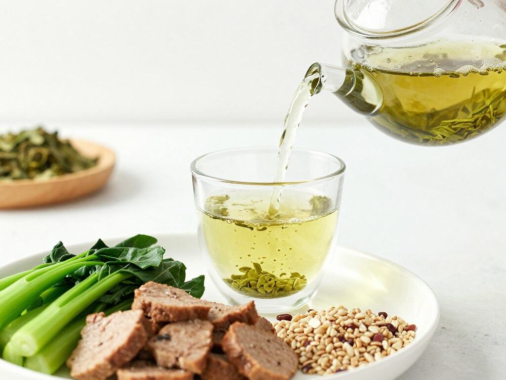 Green tea being poured into a cup with a balanced meal, illustrating blood sugar management