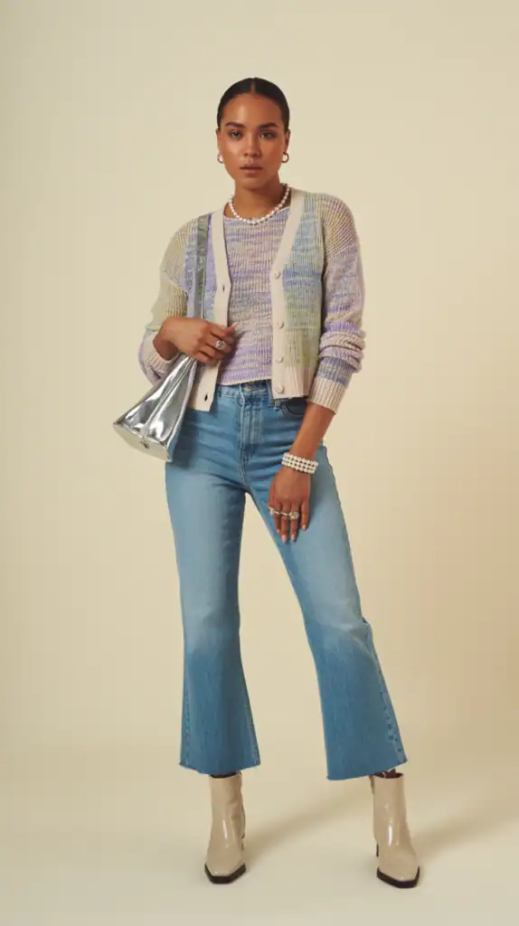 Editorial studio photo of a woman wearing a fine-knit cardigan and matching shell in pastel, cropped kick-flare jeans with raw hem, sleek ankle boots, a polished shoulder bag, pearl studs, and stacked rings; neutral cream background, studio lighting, relaxed pose, clean composition.