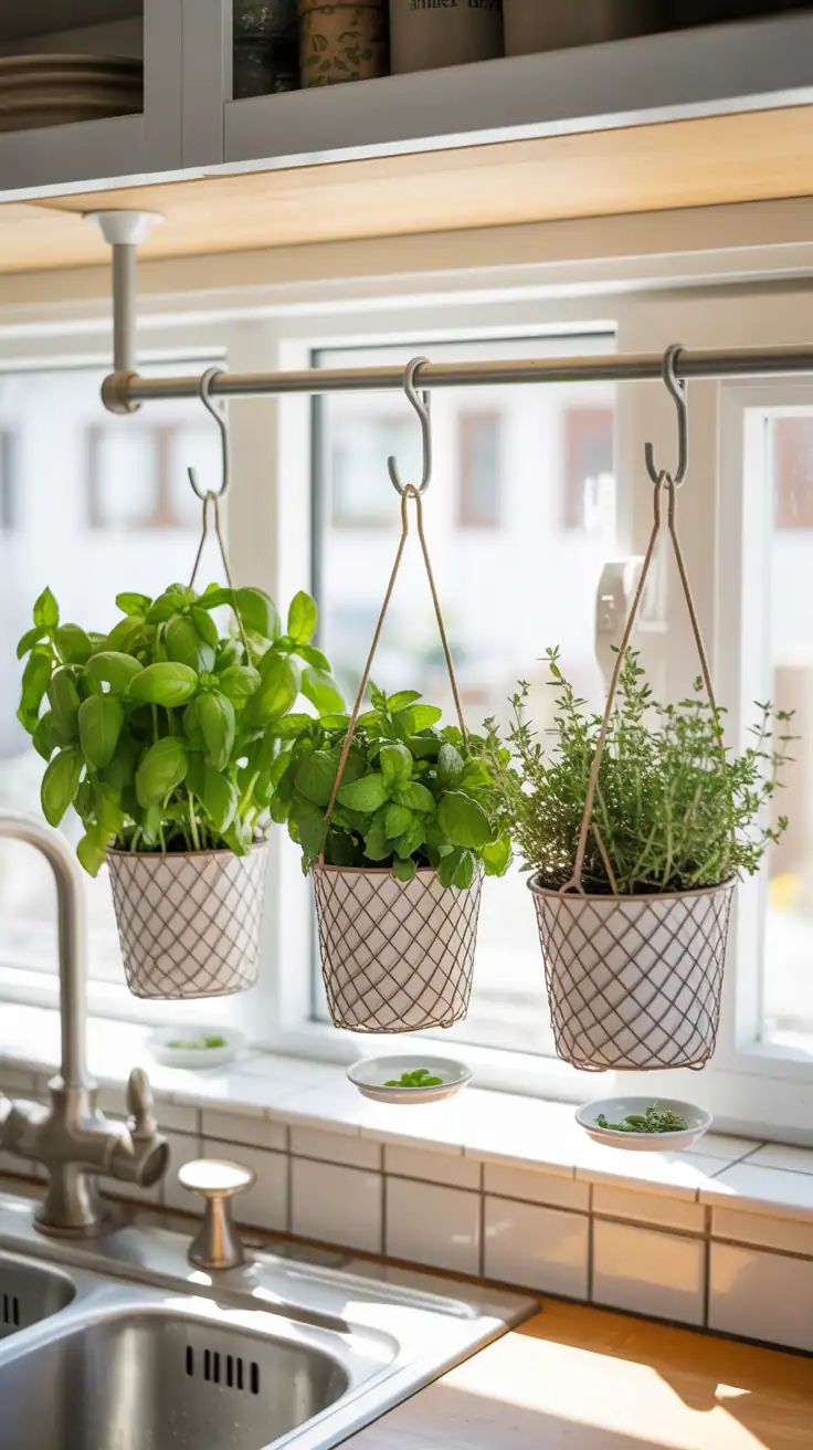Medium shot of a bright kitchen sink area with a slim rod mounted under the cabinet and two S-hooks holding lightweight mesh hanging pots of basil, mint, and thyme; sunny window behind for strong natural light; small drip saucers nested in each hanger to protect counters; white tile backsplash, brushed nickel faucet, light wood counters; clean, edible “herb bar” vibe; photorealistic.