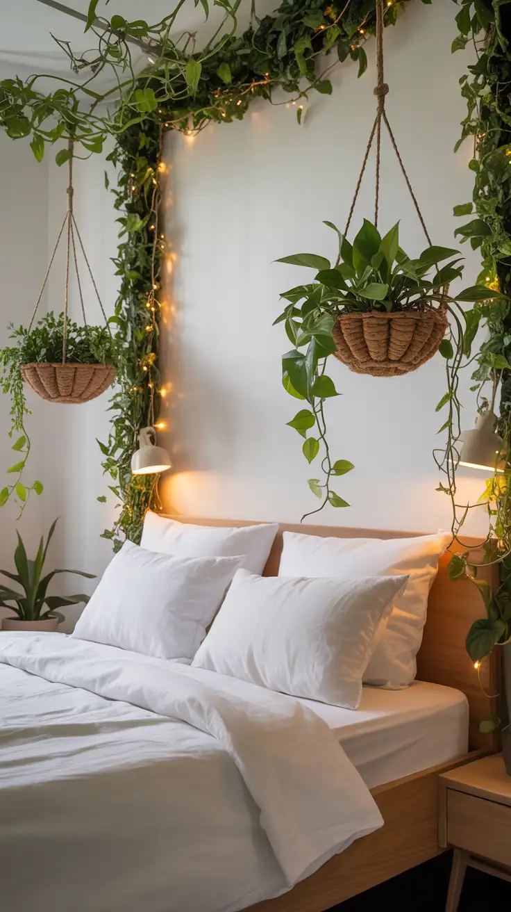 Medium, straight-on view of a tranquil bedroom with a soft green canopy effect: two lightweight hanging planters floating above the bed’s corners and one framing the headboard; trailing philodendron, hoya, and peperomia in small, secure pots anchored into studs; dimmable warm sconces and subtle fairy lights woven through hangers for a cozy glow; crisp white bedding, natural linen textures; photorealistic, serene.