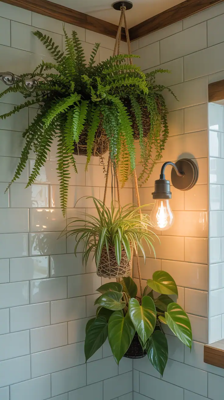 Medium shot of a bathroom corner with steam-loving plants: Boston fern, spider plant, and heartleaf philodendron hanging from rust-proof hardware at the shower curtain rod ends and ceiling corner; light, misty humidity on glossy white tile and sealed wood accents; compact sconce fitted with a small grow bulb adds warm supplemental light; fresh spa-like atmosphere; photorealistic.