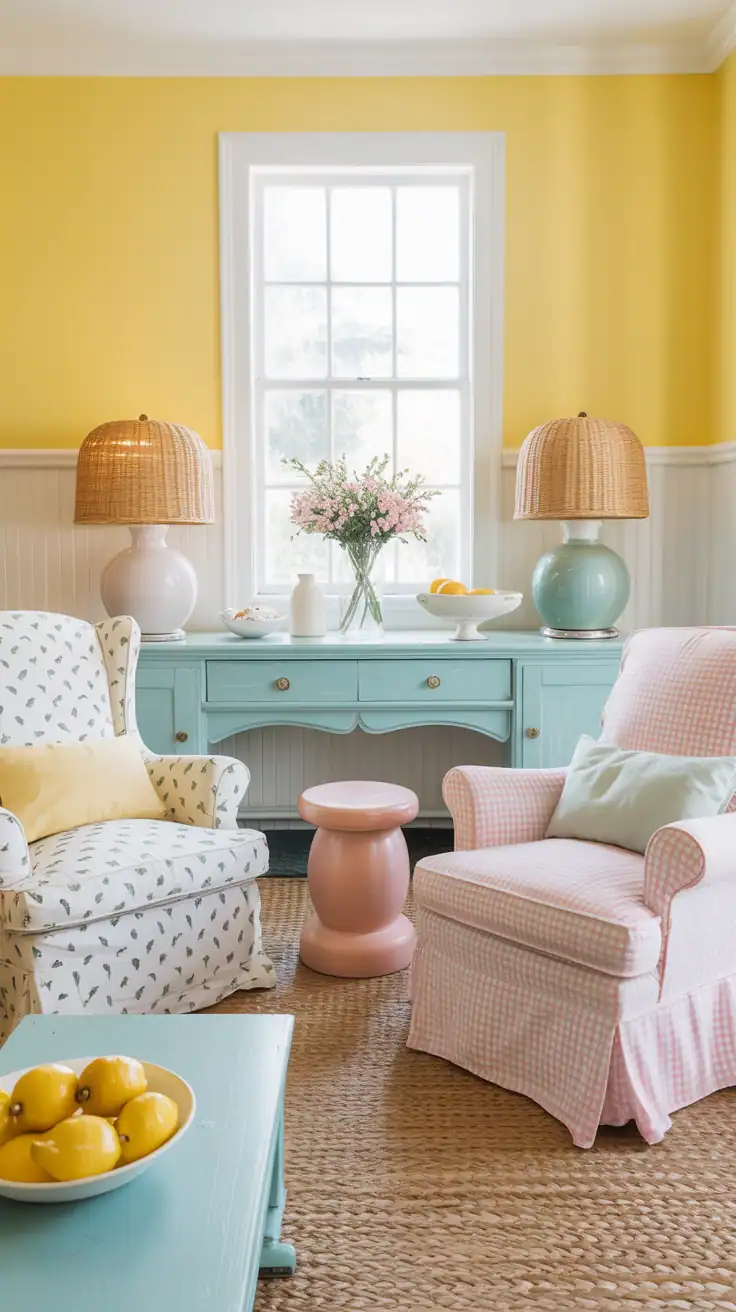 Straight-on medium shot of a buttercup-bright room: cheerful buttercup yellow walls with white beadboard below; two slipcovered armchairs—one in tiny sprigs, one in soft gingham—facing a robin’s egg blue painted console; vintage furniture in chalky pastels including a blush pink stool and mint sideboard; braided rug underfoot; rattan lamps providing airy glow; a bowl of lemons popping on the coffee table; bright daytime light.