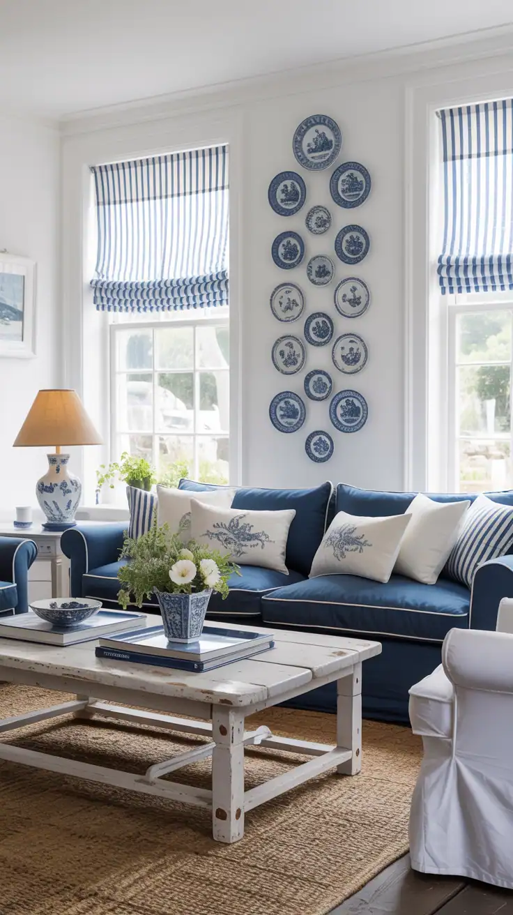 Wide coastal cottage scene in crisp blue-and-white: navy linen sofa paired with a white slipcovered chair, scrubbed pine coffee table with visible knots, batik pillows layered on seating, blue ticking stripe curtains at windows, Delft-style lamp on side table, seagrass rug grounding the space, wall-mounted arrangement of blue transferware plates ascending like a wave; bright natural coastal light.