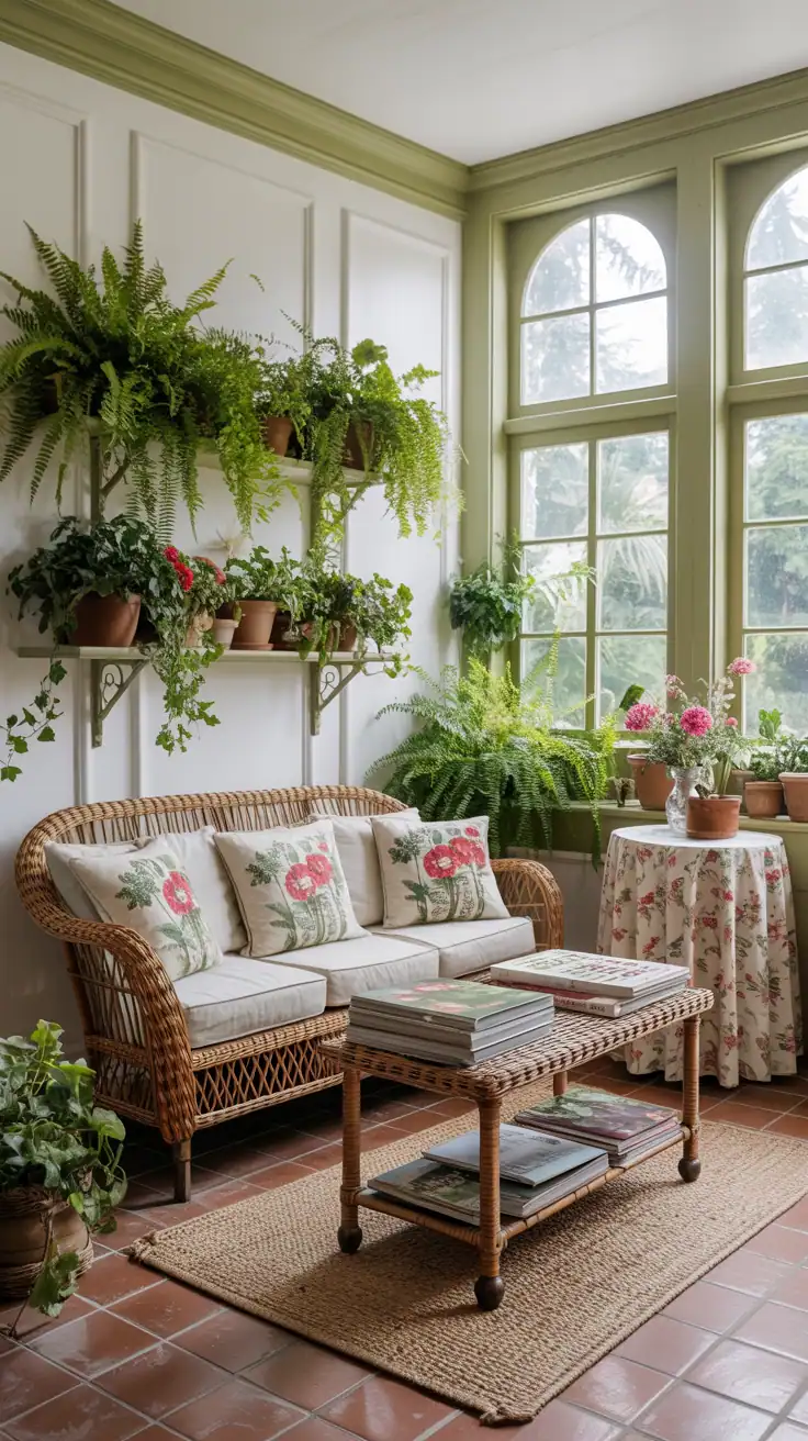 Garden room wide shot with wicker and ferns: white walls with pale moss trim, terracotta tile floors, wicker sofa with botanical cushions, spindle-leg table piled with seed catalogs; abundant live greenery—ferns, geraniums, ivy—on shelves and windowsills; sisal rug; floral skirted side table; bright greenhouse-style natural light filtering in.