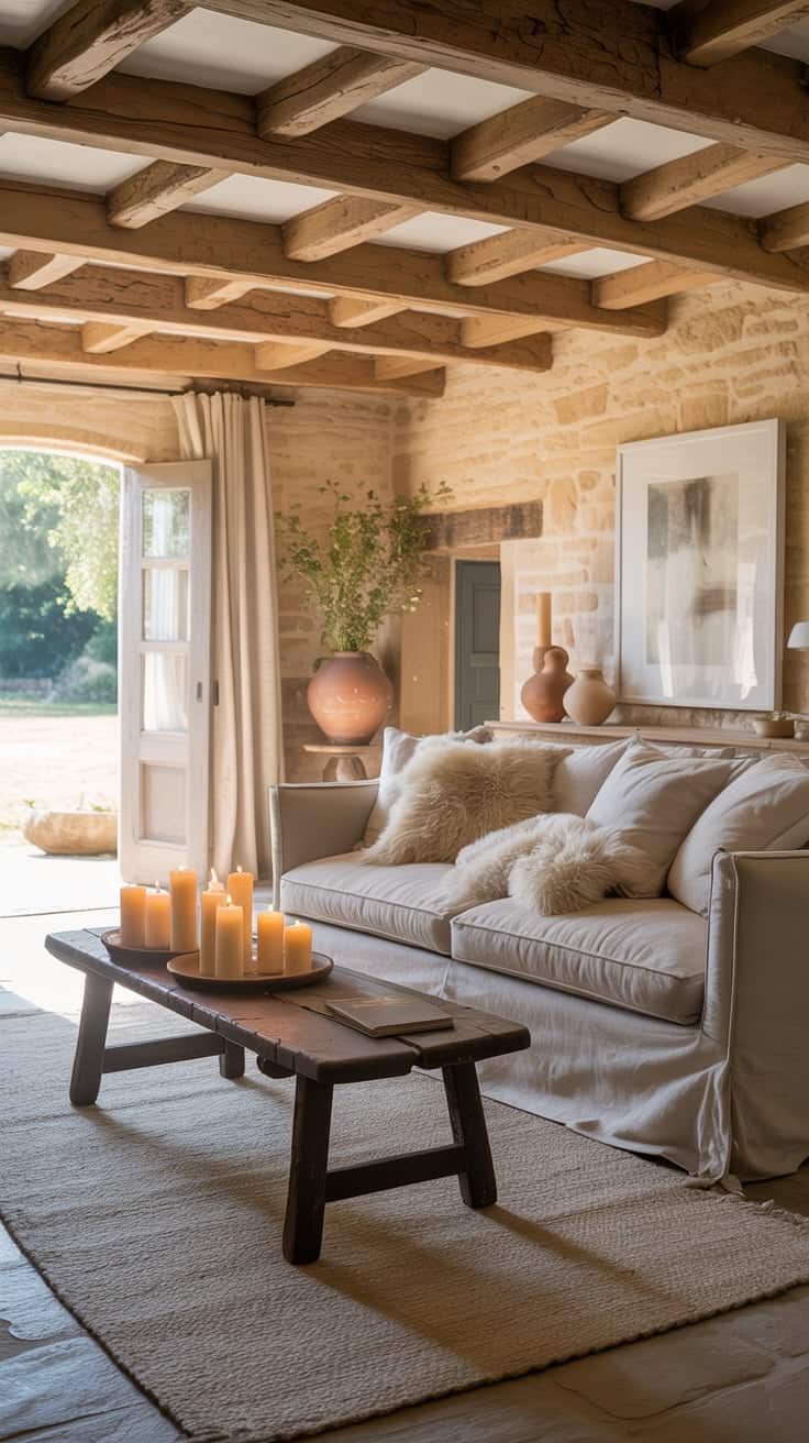Wide, restful neutral living room: original oak beams crowning the ceiling, limewashed stone walls, pebble gray linen sofa facing a farmhouse bench used as a coffee table; layers include sheepskin throws, natural linen curtains, undyed wool rug; accents in soft clay and putty on pottery; cluster of beeswax candles on a pottery plate providing warm minimal glow; calm, natural daylight.