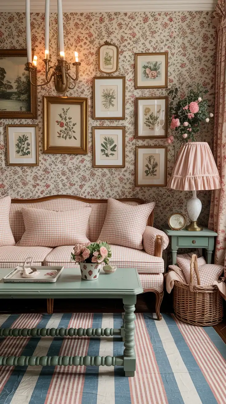 Medium shot, storybook pattern mix: tiny floral wallpaper in almond and rose, sofa in classic chintz, gingham piped cushions, striped rug anchoring the space; painted spindle coffee table in dusty green with brass candle sconces above; vintage botanical gallery wall; ruffled lampshade near a basket brimming with extra throws; cheerful, balanced lighting.