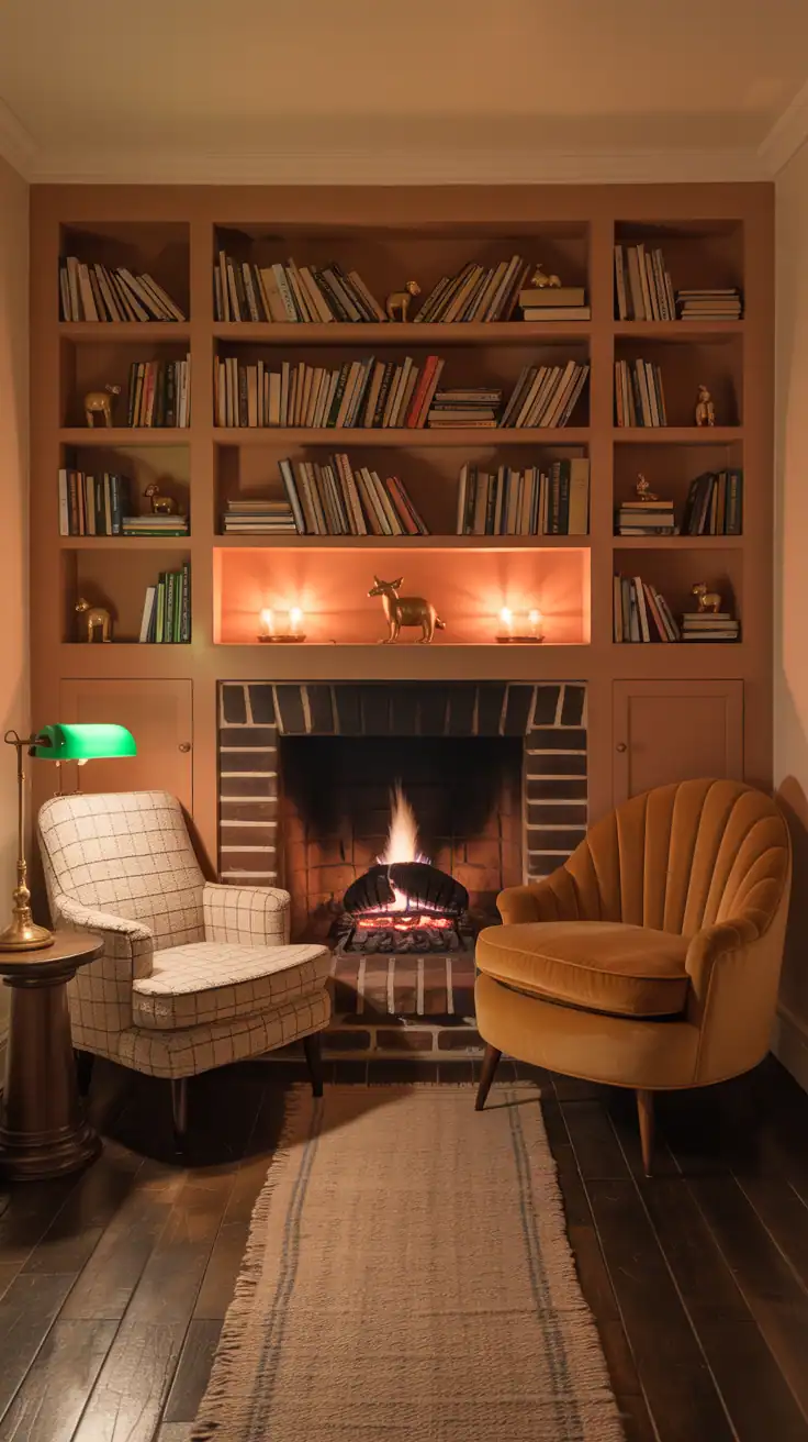 Cozy fireside nook medium shot: compact room around a brick fireplace, built-in alcove bookcases painted warm mushroom filled with paperbacks and little brass animals; petite club chair in oatmeal tweed facing a caramel velvet two-seater; narrow runner rug leading to the hearth; low lighting from a green banker’s lamp and candle sconces; ember glow.