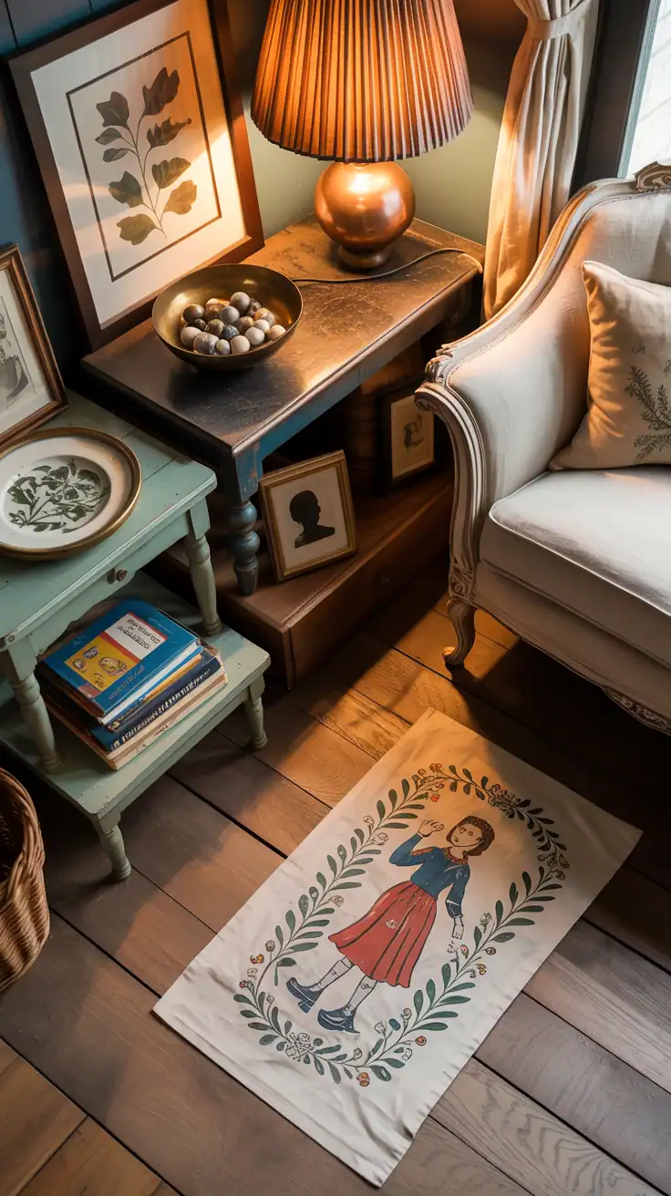 Detail overhead shot of collected curios: hand-painted floorcloth with a folk motif on wide-plank floors; vintage sofa reupholstered in oatmeal linen partially visible at frame edge; mismatched nightstands used as side tables; surfaces styled with pressed botanicals in frames, a bowl of marbles, a silhouette portrait, and a stack of antique children’s books; warm glow from a pleated block-print shade and copper table lamp; cozy evening ambiance.