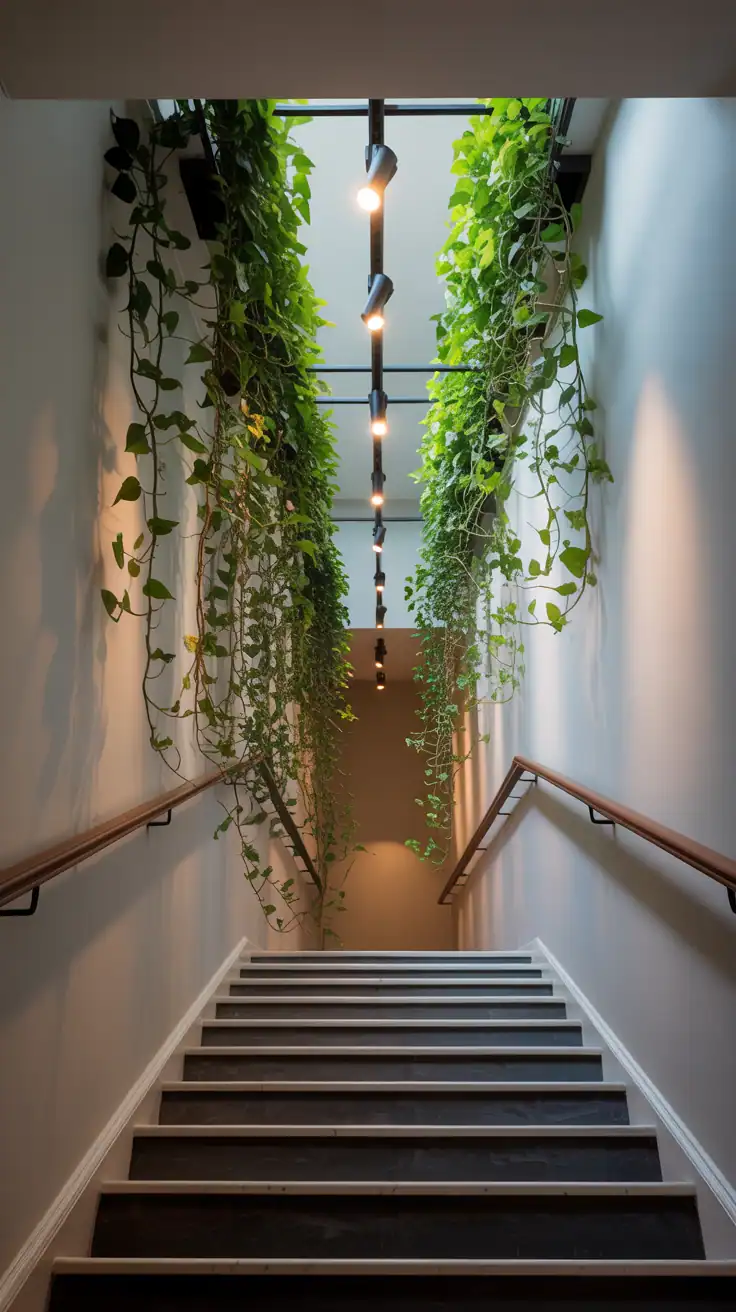Dynamic stairwell shot from the lower landing looking up: cascading vines—pothos, ivy, philodendron micans—hanging from higher landings, trailing down along the banister line without blocking the handrail; secure anchors visible; slim track lighting highlights the greenery at night, adding dramatic shadows on painted walls; architectural, vertical emphasis; photorealistic.