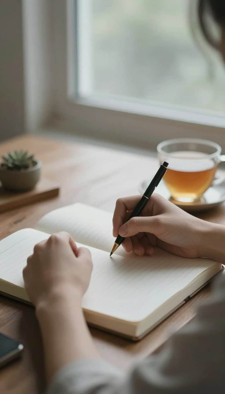 Person journaling in a calm, peaceful setting with soft natural light for anxiety relief