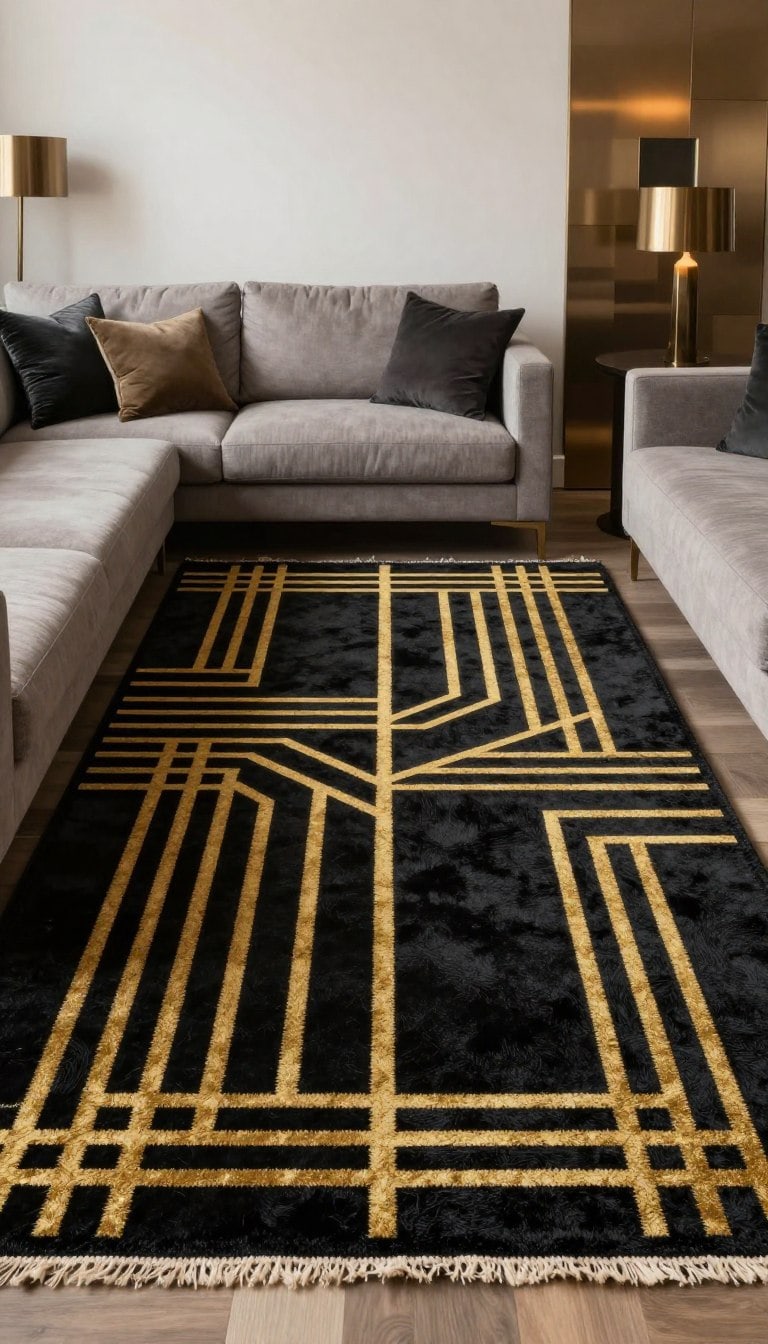 Modern Art Deco rug with bold black background and geometric gold lines in a contemporary living room