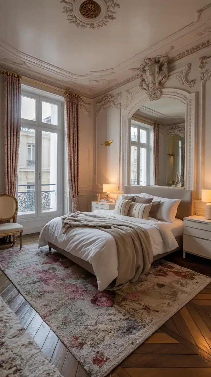Parisian apartment bedroom with high ceilings, ornate moldings and tall windows showcasing classic Haussmann elegance