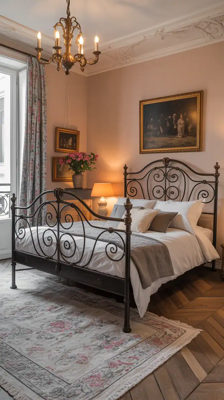 Parisian apartment bedroom with an ornate antique wrought iron bed frame