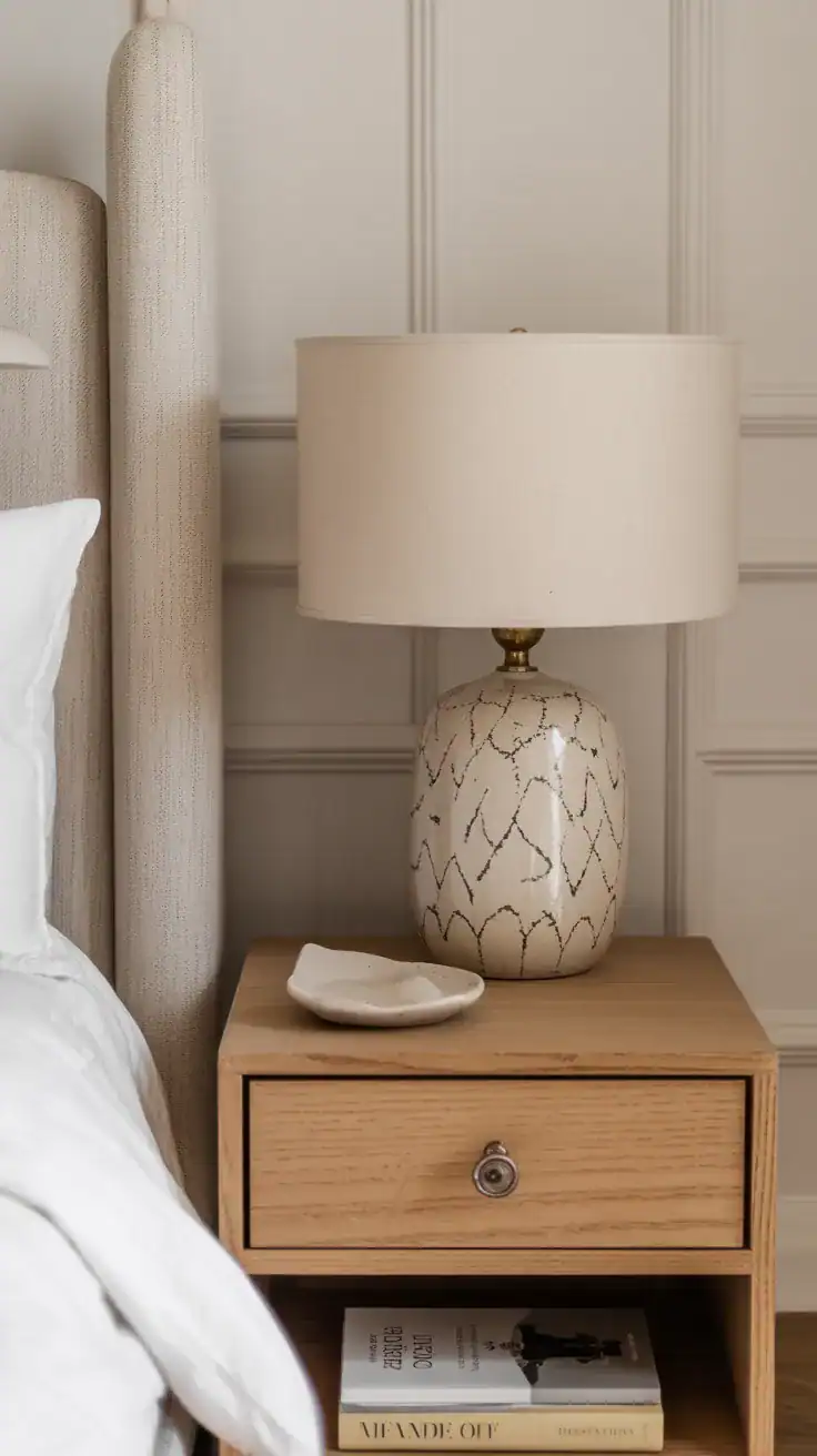 Parisian apartment bedroom nightstand with minimal styling - one lamp, one book, and a small ceramic dish