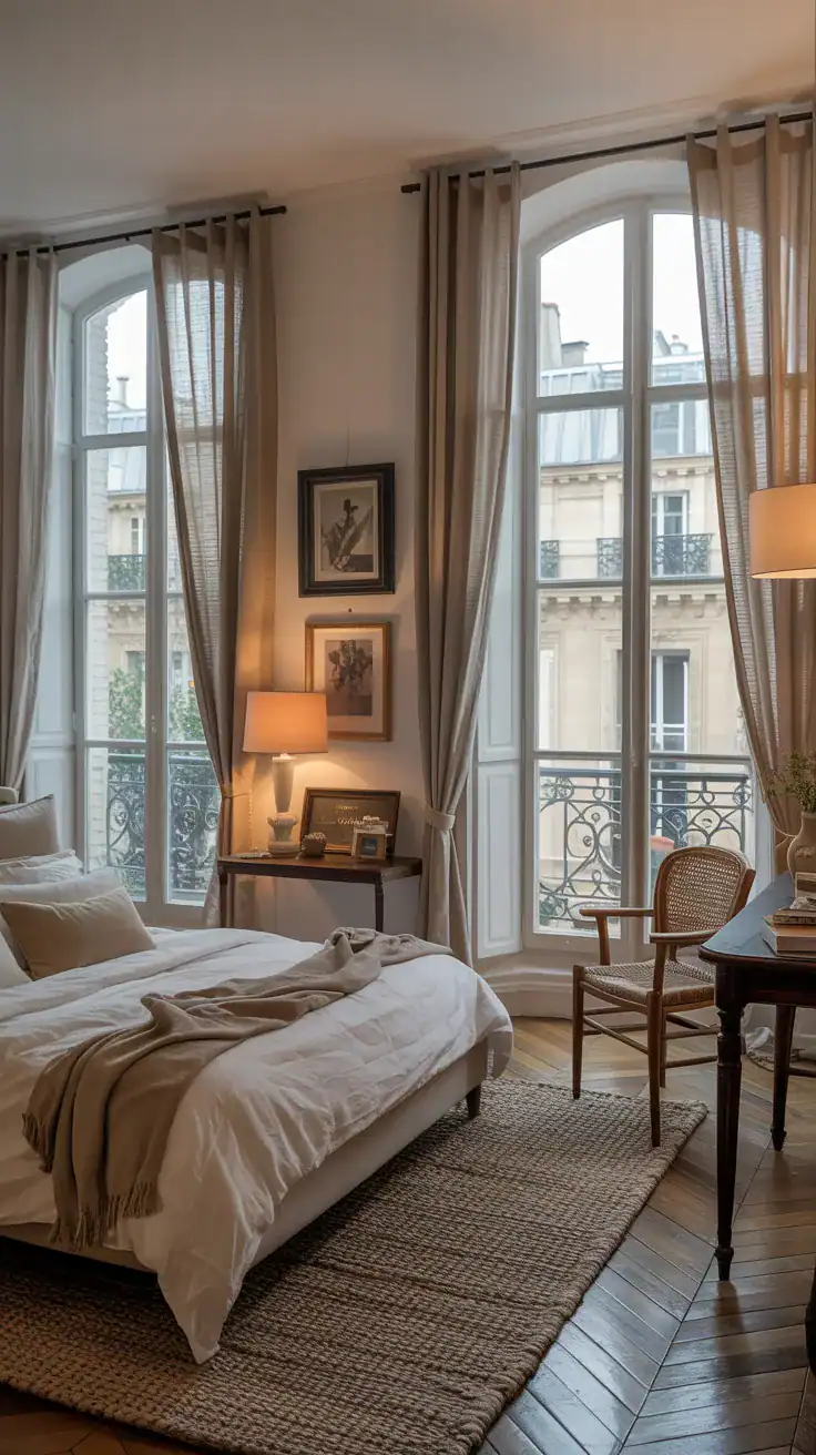 Parisian apartment bedroom with tall windows dressed in flowing floor-length linen curtains