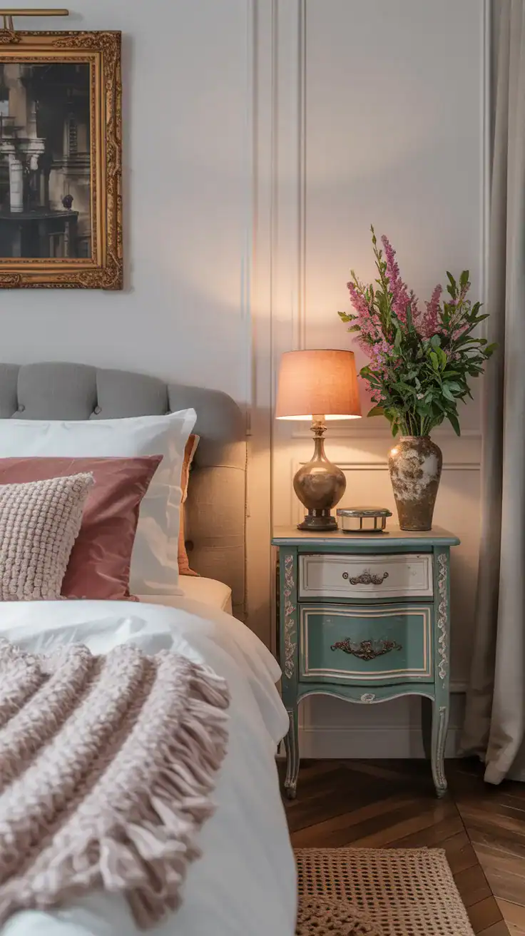 Parisian apartment bedroom with mismatched vintage nightstands adding character