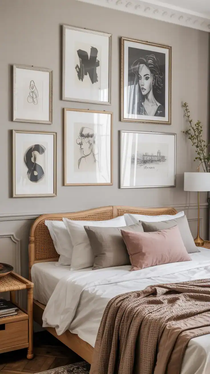 Parisian apartment bedroom wall with neutral artwork - charcoal sketches and line drawings in simple frames