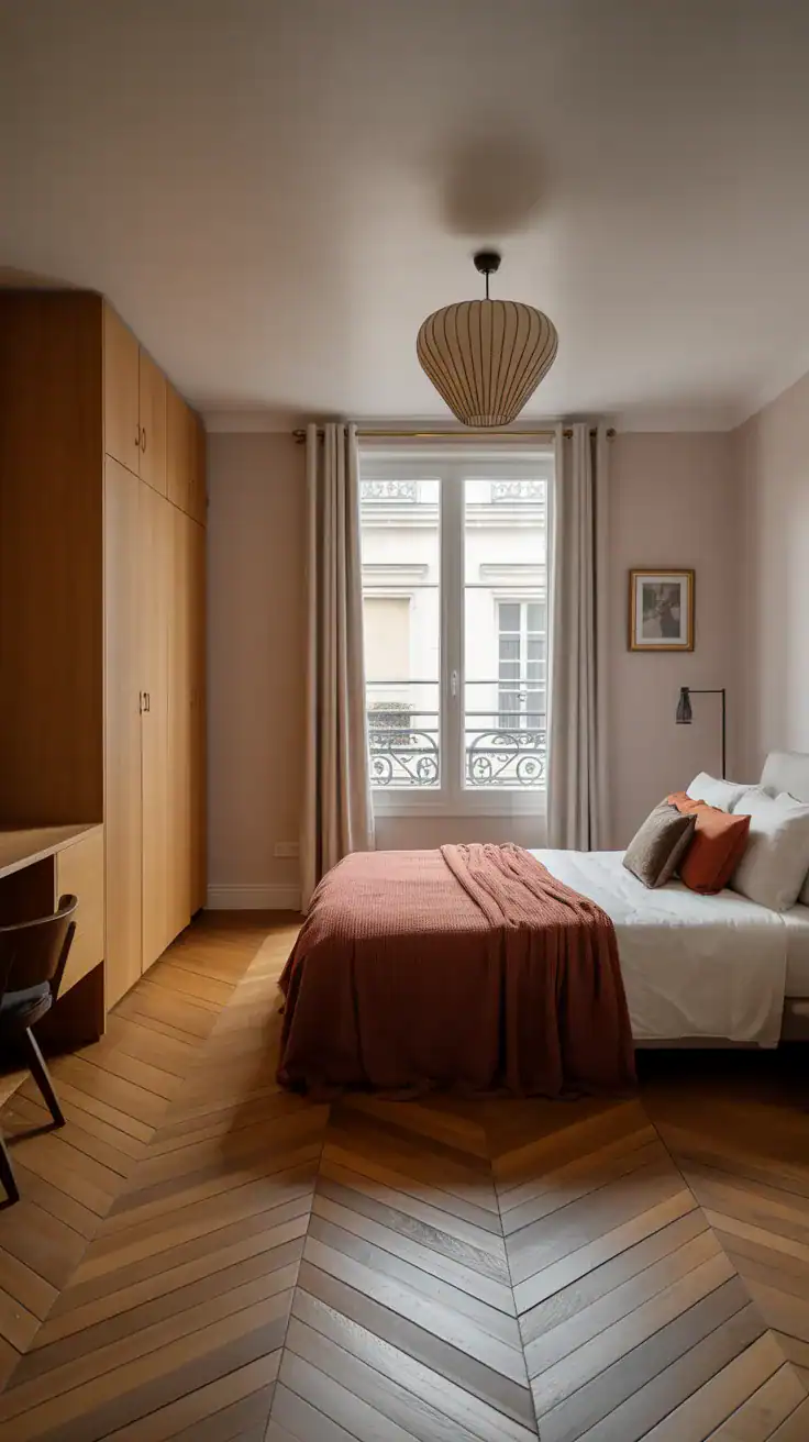 Parisian apartment bedroom with warm oak flooring and wooden furniture pieces