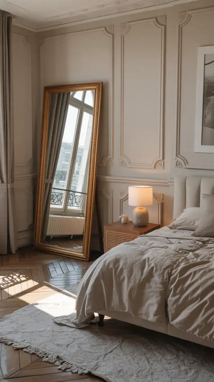Parisian apartment bedroom with a tall leaning mirror reflecting natural light