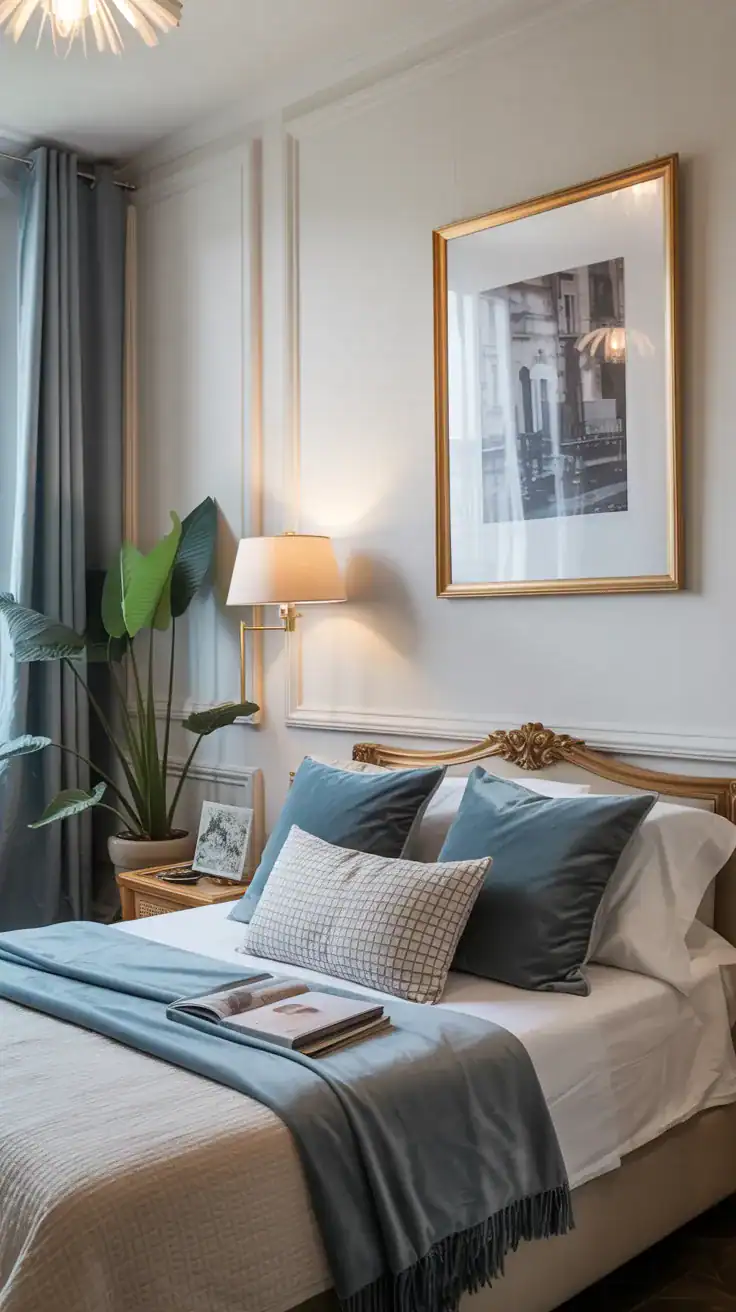 Parisian apartment bedroom with subtle dusty blue accent pillows and throw