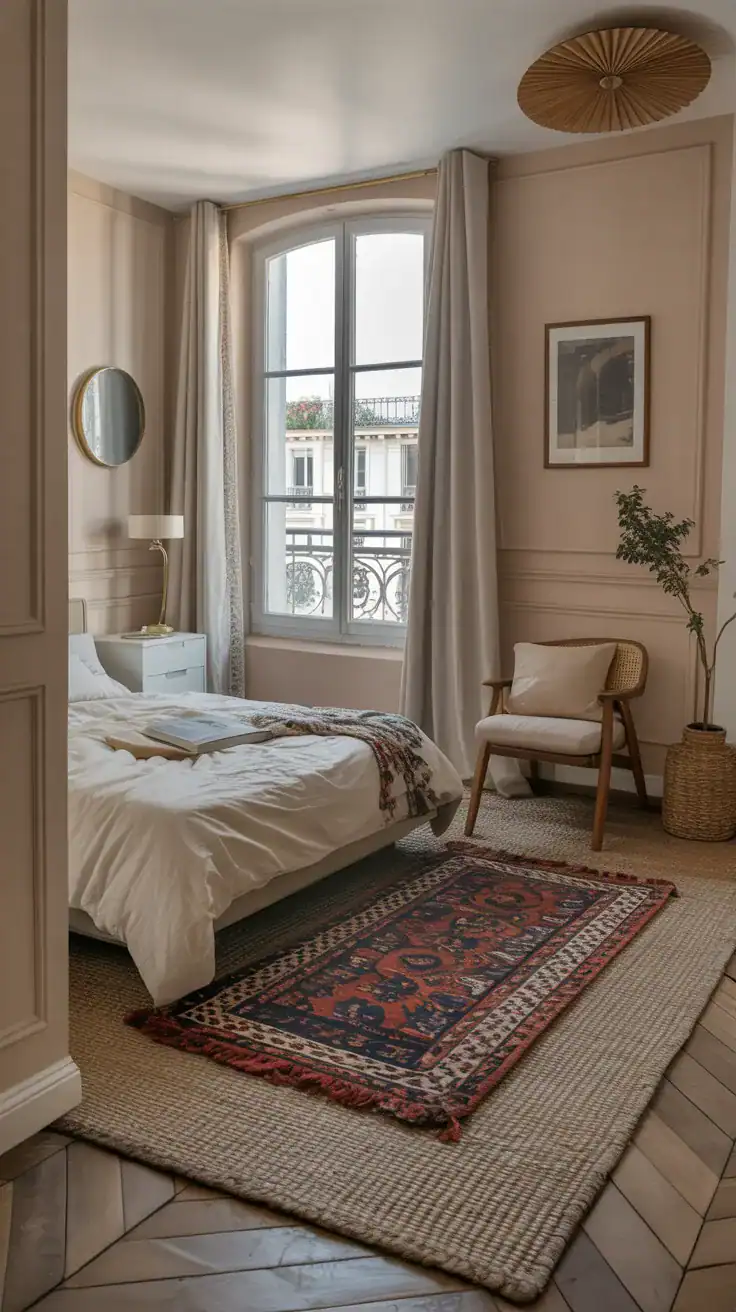 Parisian apartment bedroom floor with layered rugs - a neutral base with a smaller patterned rug on top
