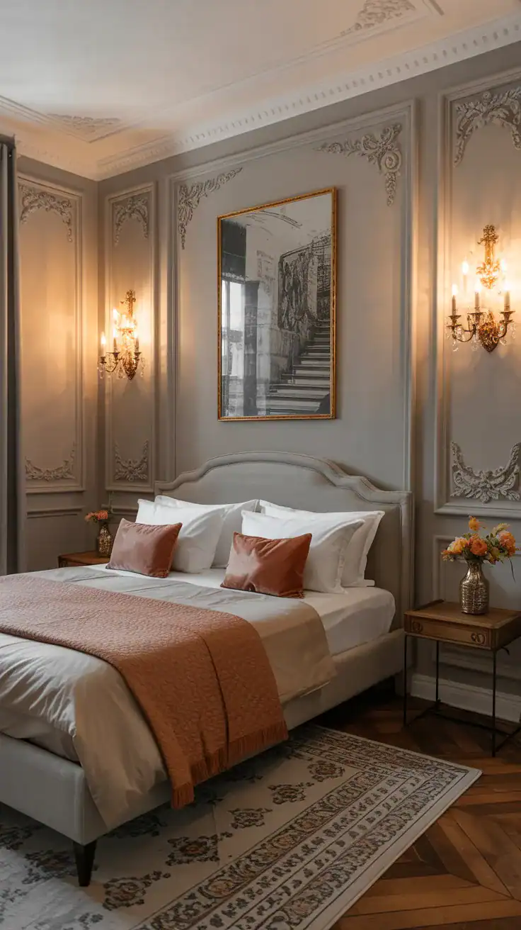 Parisian apartment bedroom with elegant wall sconces flanking the bed