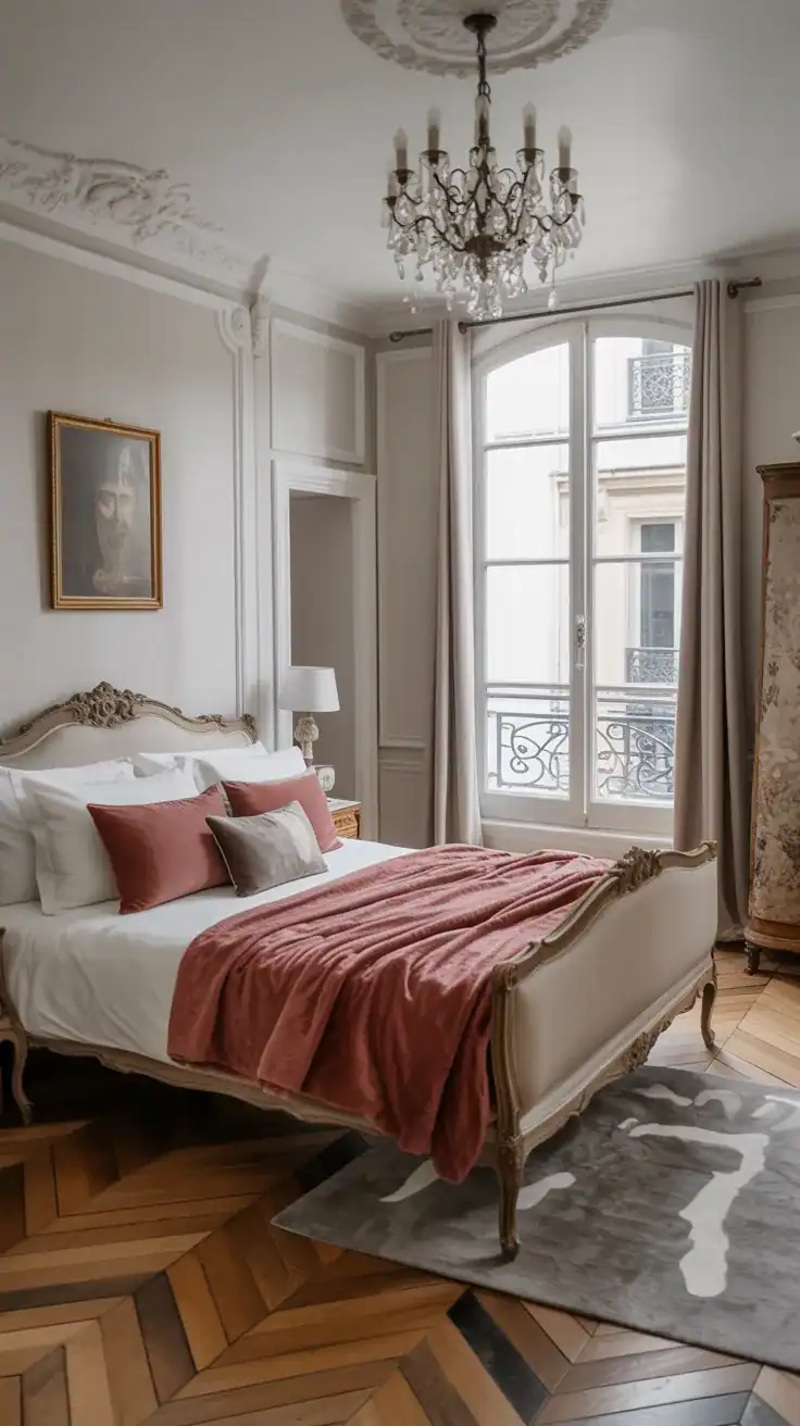 Parisian apartment bedroom mixing antique furniture with modern lighting