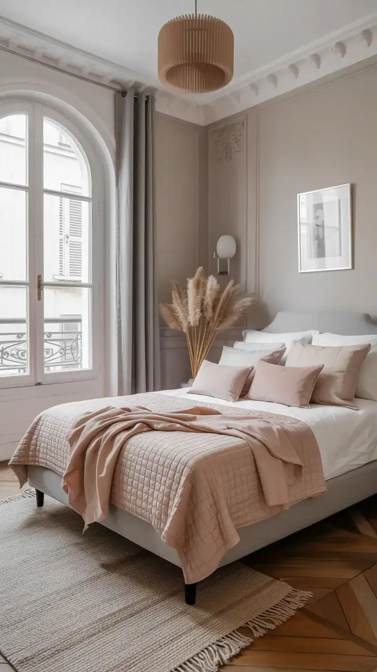 Parisian apartment bedroom with a barely-there color palette of blush, stone and pale grey