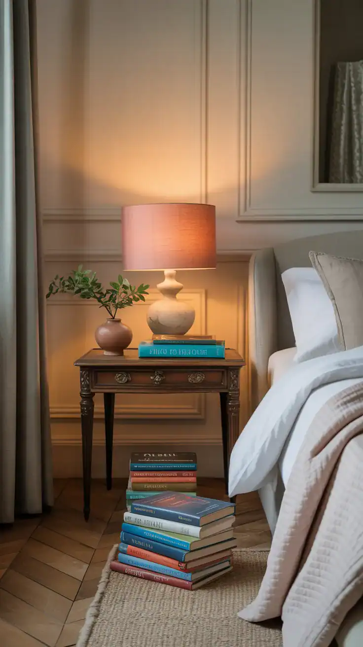 Parisian apartment bedroom with artfully arranged books on nightstand and small stack by the bed