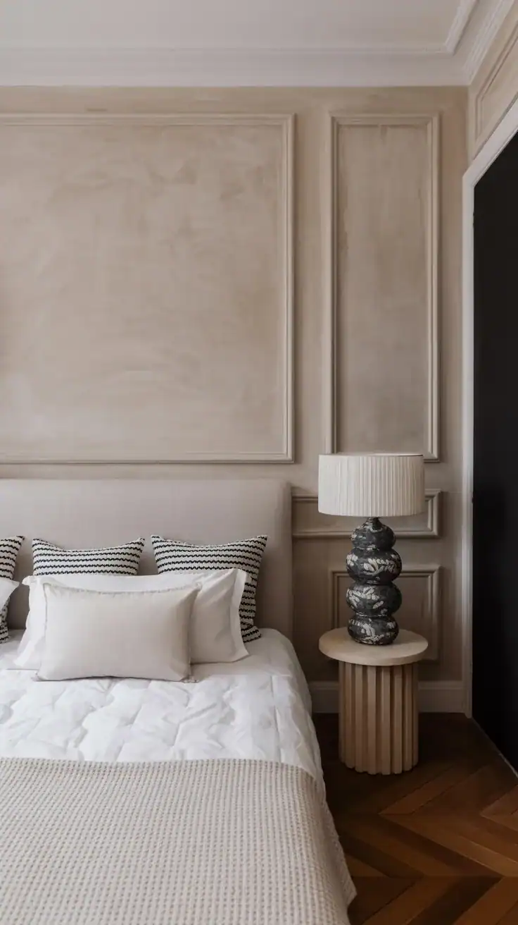 Parisian apartment bedroom with textured plaster walls in a soft neutral tone