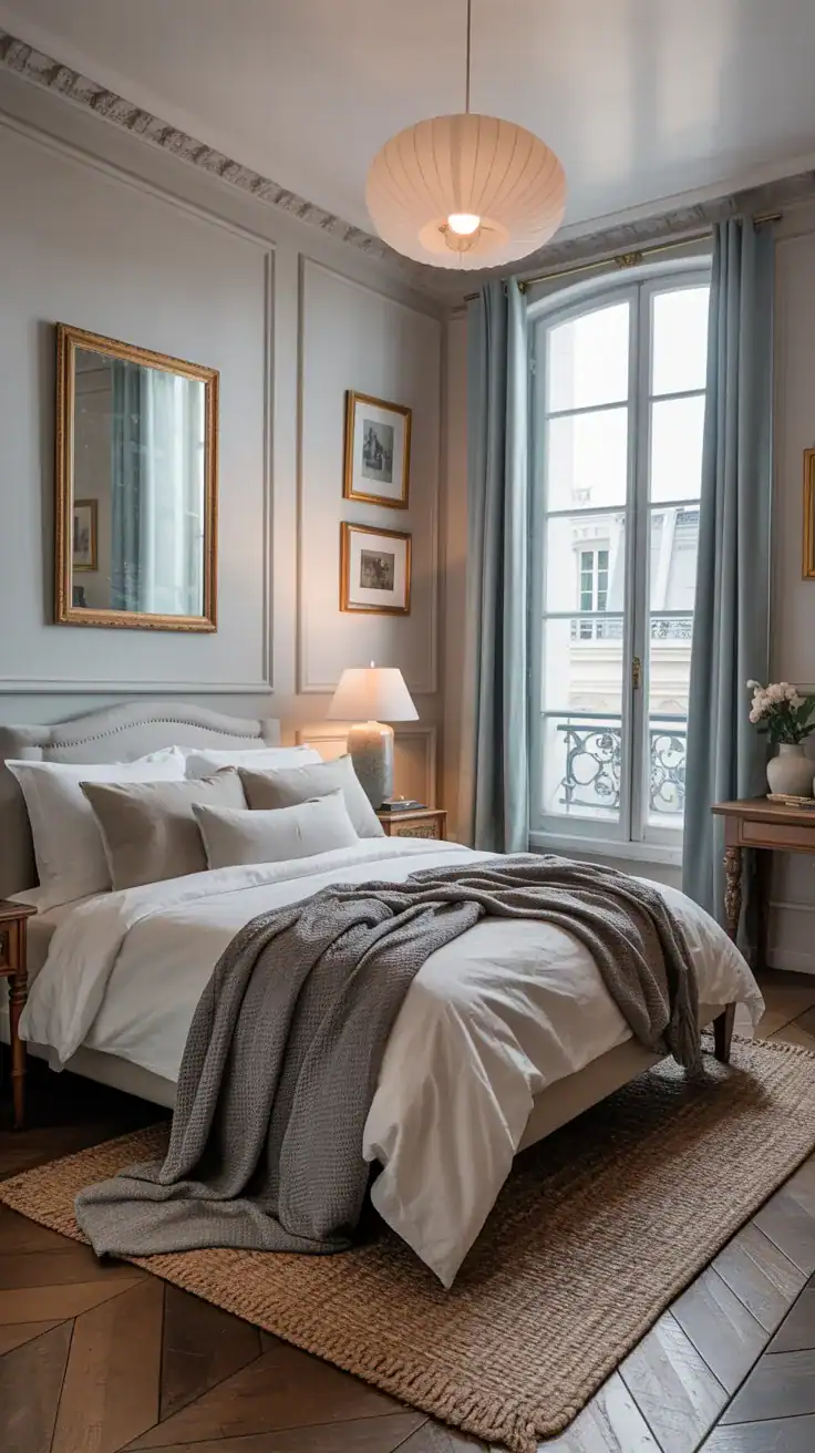 Parisian apartment bedroom with a calm, collected atmosphere featuring quality pieces and restrained styling